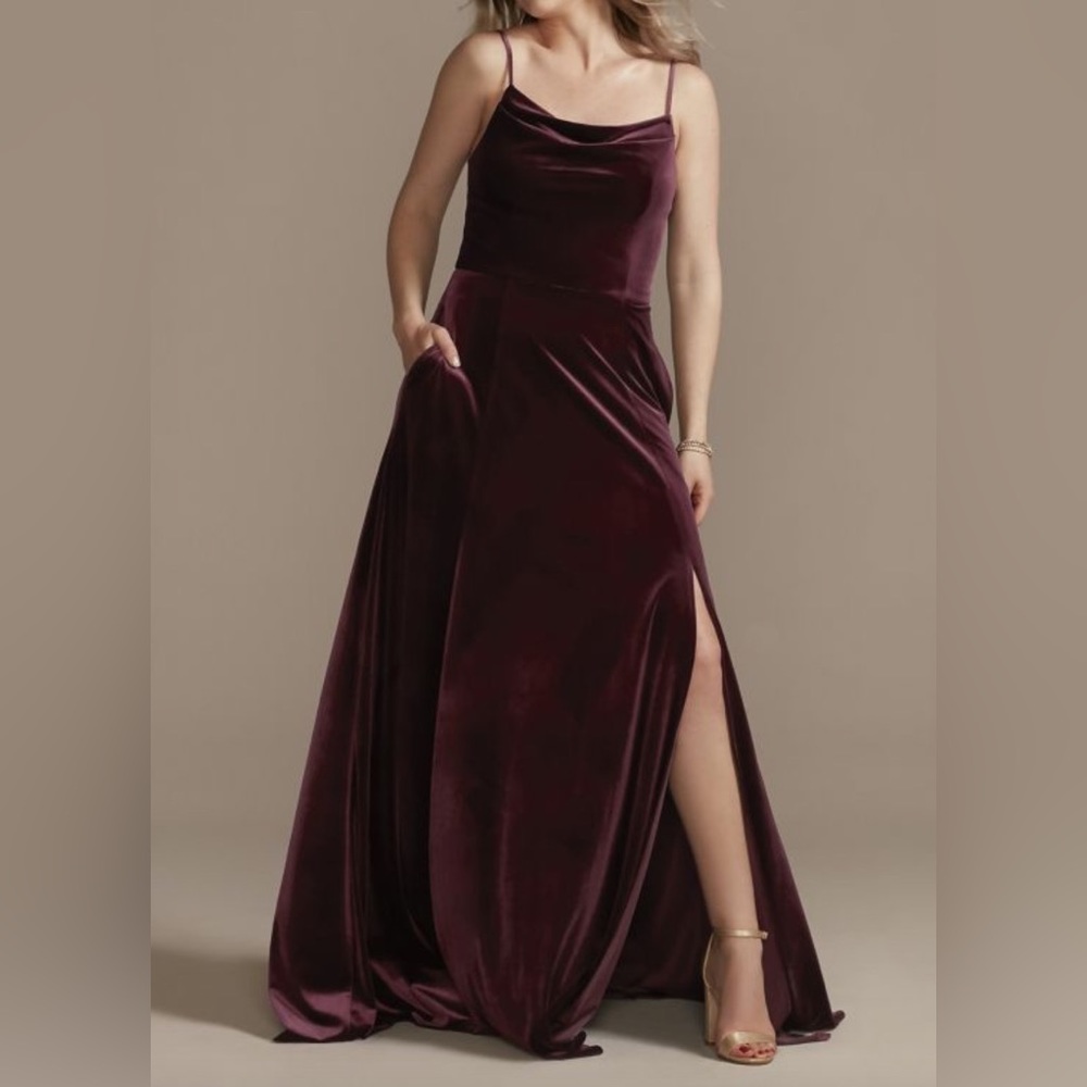 Velvet cowl neck spaghetti strap bridesmaid dress